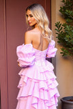 Off The Shoulder Corset Asymmetrical Pink Prom Dress With Sequins