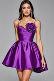 Dark Purple A Line Spaghetti Straps Short Prom Dress With 3D Flower