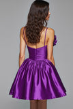 Dark Purple A Line Spaghetti Straps Short Prom Dress With 3D Flower