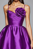 Dark Purple A Line Spaghetti Straps Short Prom Dress With 3D Flower