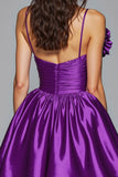 Dark Purple A Line Spaghetti Straps Short Prom Dress With 3D Flower