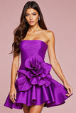 A Line Strapless Ruffled Dark Purple Short Prom Dress with 3D Flower