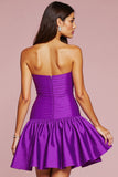 A Line Strapless Ruffled Dark Purple Short Prom Dress with 3D Flower