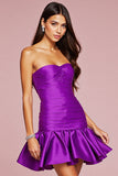 A Line Strapless Ruffled Dark Purple Short Prom Dress with 3D Flower