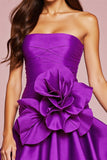 A Line Strapless Ruffled Dark Purple Short Prom Dress with 3D Flower
