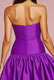A Line Strapless Ruffled Dark Purple Short Prom Dress with 3D Flower
