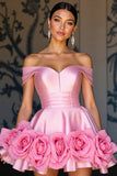 Off The Shoulder Pink A Line Short Prom Dress with 3D Flowers
