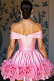 Off The Shoulder Pink A Line Short Prom Dress with 3D Flowers