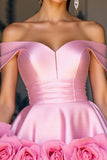 Off The Shoulder Pink A Line Short Prom Dress with 3D Flowers