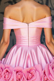 Off The Shoulder Pink A Line Short Prom Dress with 3D Flowers