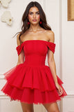 Off The Shoulder Red Tulle Ruffled Short Prom Dress