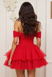 Off The Shoulder Red Tulle Ruffled Short Prom Dress