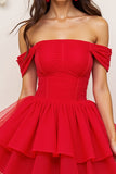 Off The Shoulder Red Tulle Ruffled Short Prom Dress