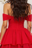 Off The Shoulder Red Tulle Ruffled Short Prom Dress