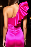 One Shoulder Ruffled Bodycon Fuchsia Short Prom Dress