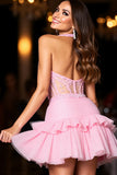 Halter Pink Beaded Corset Short Prom Dress