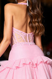 Halter Pink Beaded Corset Short Prom Dress