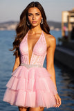 Halter Pink Appliqued A Line Short Prom Dress