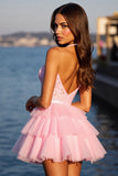 Halter Pink Appliqued A Line Short Prom Dress