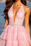 Halter Pink Appliqued A Line Short Prom Dress