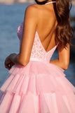 Halter Pink Appliqued A Line Short Prom Dress