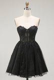 Black A Line Sweetheart Appliqued Sheer Corset Short Prom Dress