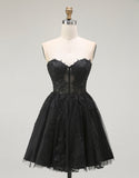 A Line Black Appliqued Sweetheart Short Prom Dress