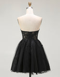 A Line Black Appliqued Sweetheart Short Prom Dress