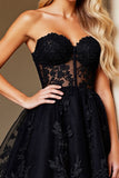 A Line Black Appliqued Sweetheart Short Prom Dress