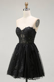 Black A Line Sweetheart Appliqued Sheer Corset Short Prom Dress