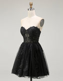 A Line Black Appliqued Sweetheart Short Prom Dress