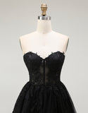 A Line Black Appliqued Sweetheart Short Prom Dress