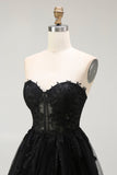 Black A Line Sweetheart Appliqued Sheer Corset Short Prom Dress