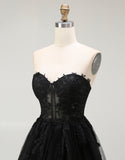 A Line Black Appliqued Sweetheart Short Prom Dress