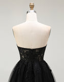 A Line Black Appliqued Sweetheart Short Prom Dress