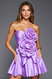 Purple A Line Ruffled Strapless Short Prom Dress with 3D Flowers