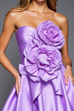 Purple A Line Ruffled Strapless Short Prom Dress with 3D Flowers