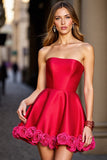 Red A Line Strapless Short Prom Dress With 3D Flowers