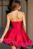 Red A Line Strapless Short Prom Dress With 3D Flowers