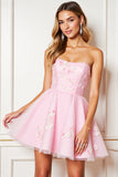 A Line Pink Strapless Mini Party Dress With 3D Flowers