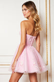 A Line Pink Strapless Mini Party Dress With 3D Flowers