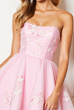 A Line Pink Strapless Mini Party Dress With 3D Flowers
