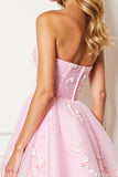 A Line Pink Strapless Mini Party Dress With 3D Flowers