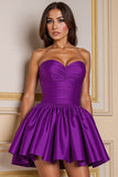 A Line Sweetheart Pleated Dark Purple Short Prom Dress