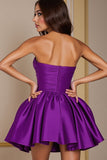 A Line Sweetheart Pleated Dark Purple Short Prom Dress
