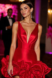 Red V-Neck A Line Cocktail Dress With 3D Flowers