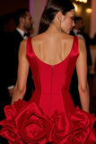 Red V-Neck A Line Cocktail Dress With 3D Flowers