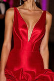 Red V-Neck A Line Cocktail Dress With 3D Flowers