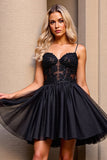 A Line Black Appliqued Mini Cocktail Dress