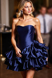 Navy A Line Tiered Satin Short Prom Dress